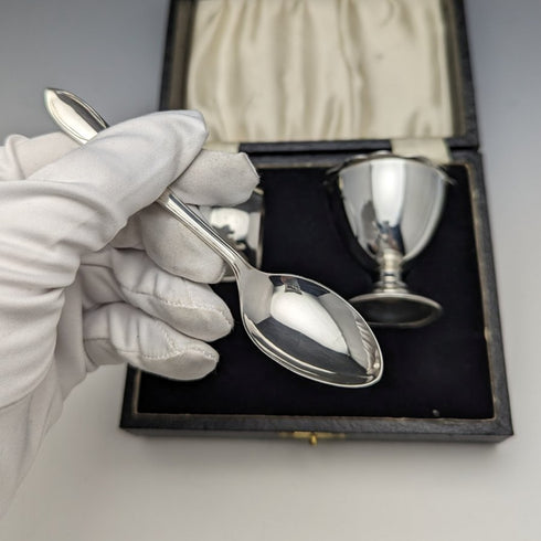 British vintage silver plate egg stand & napkin ring & spoon set boxed